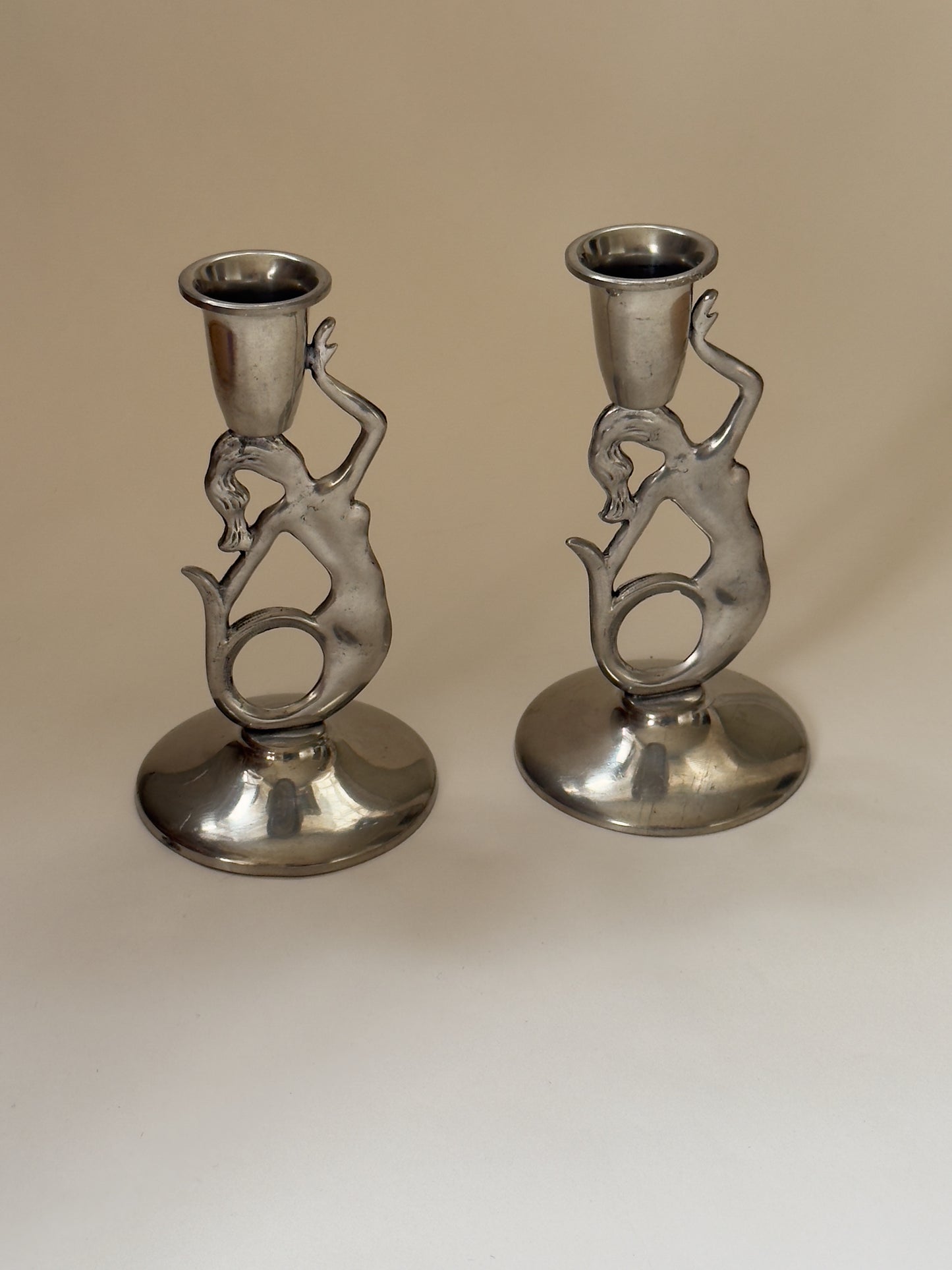 Art Deco Pewter Mermaid Candlesticks