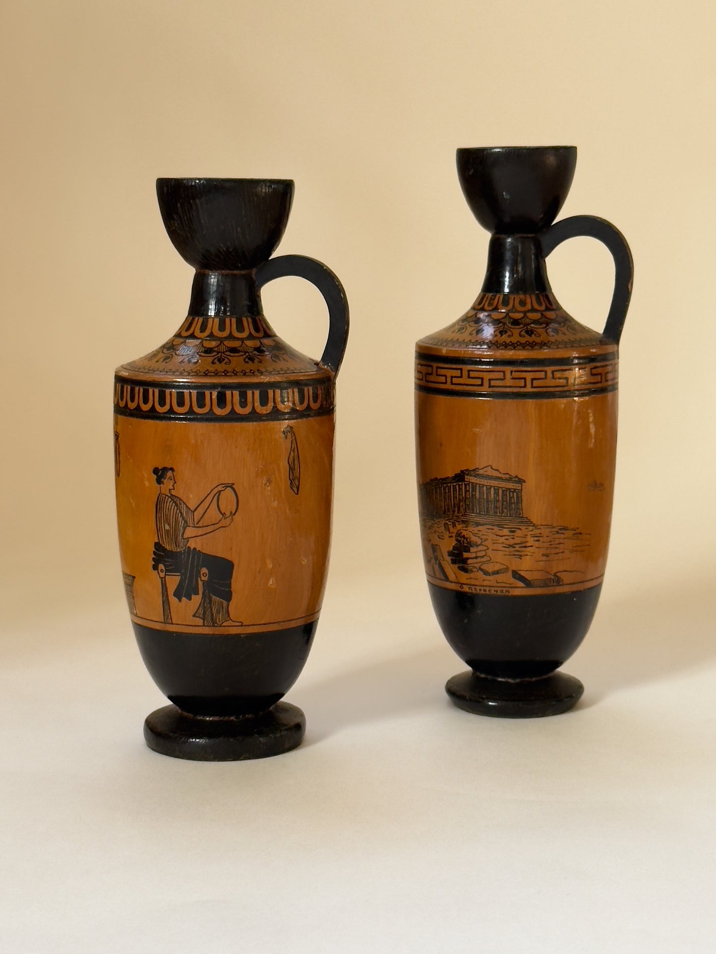 Rare Antique Greek Wooden Amphorae/Lekythoi, Hand-Painted (1920s)