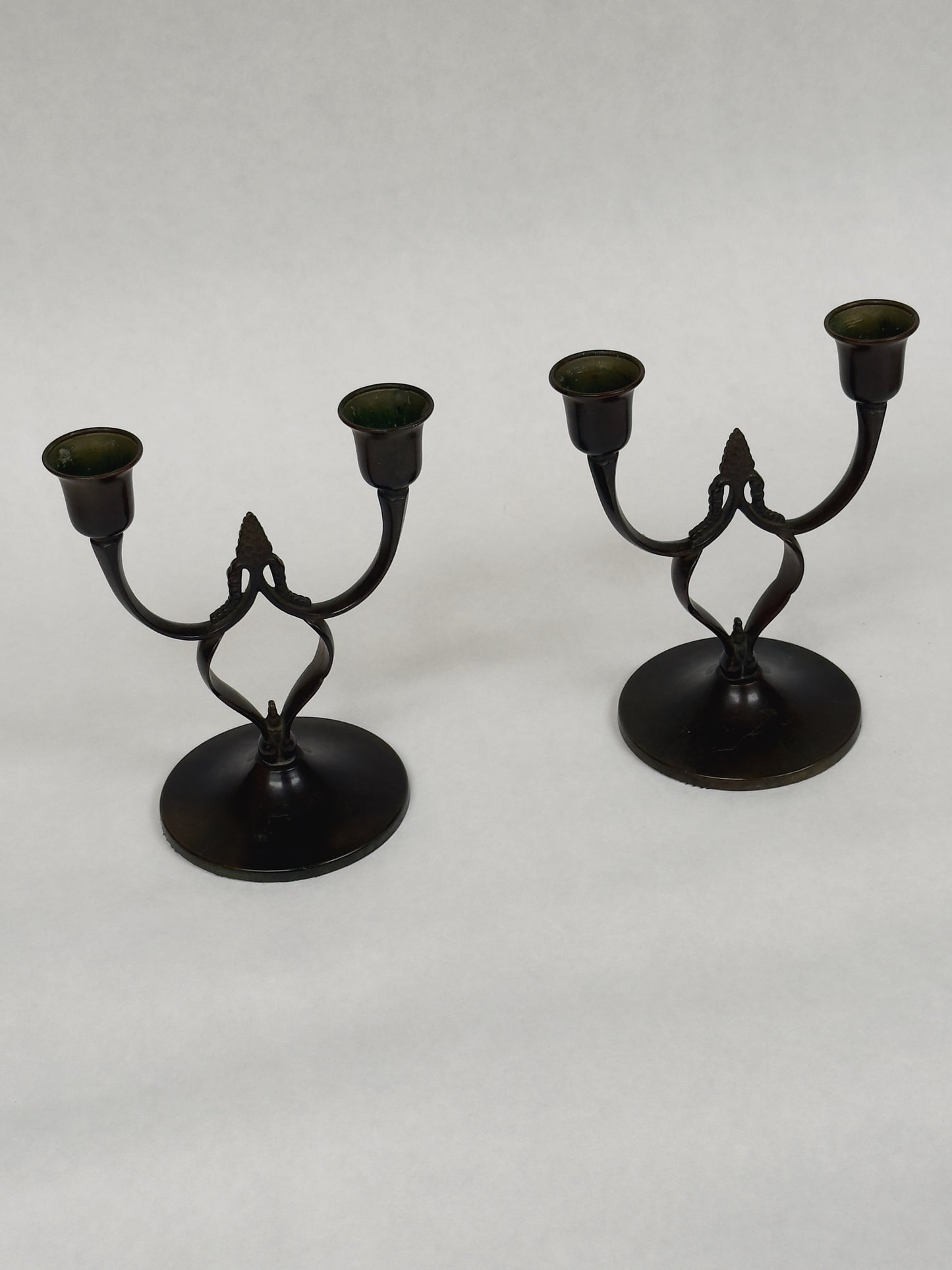 Pair of Antique Two-Armed Bronze Candlesticks