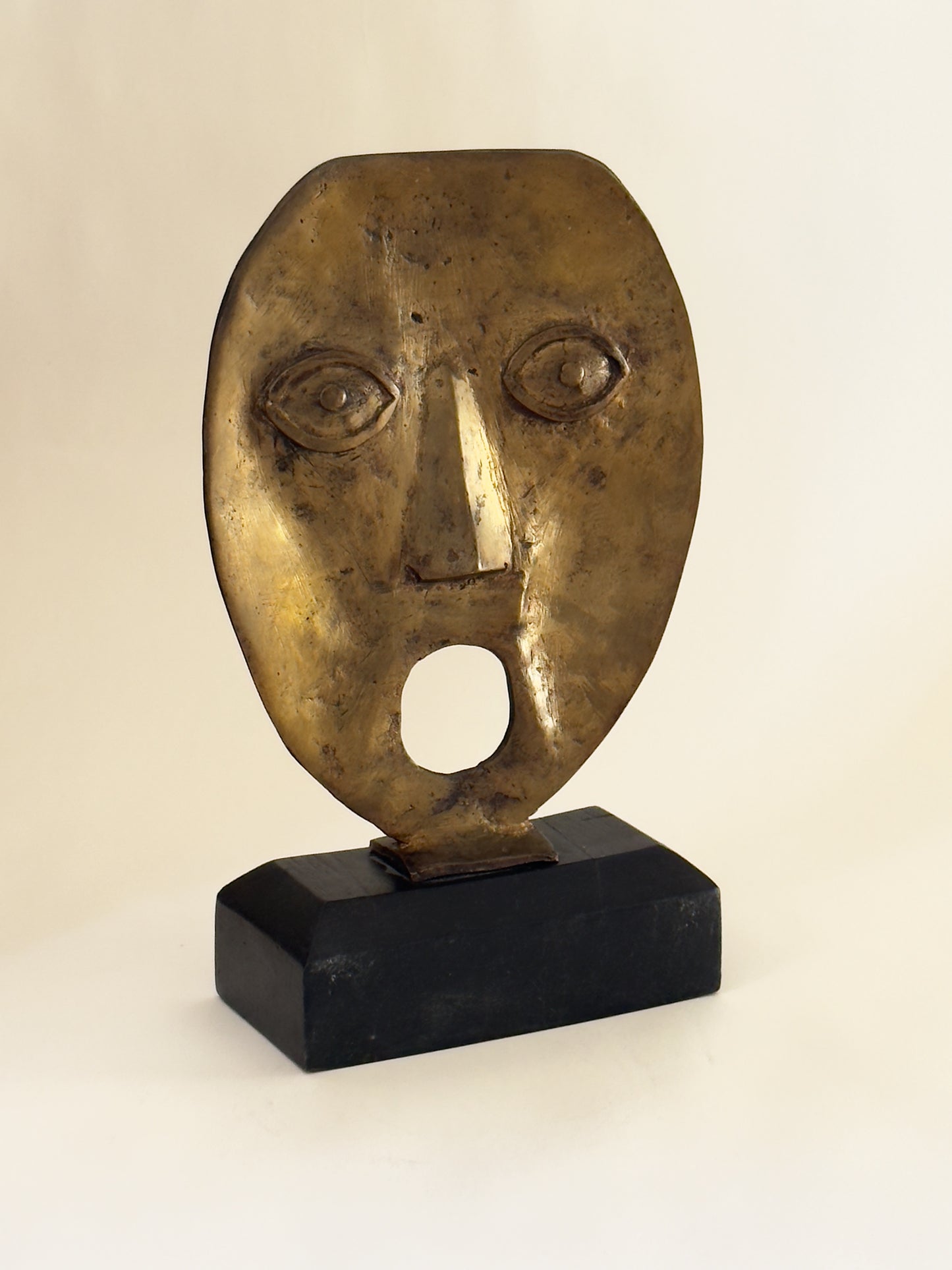 Brutalist Bronze Face on Wooden Base