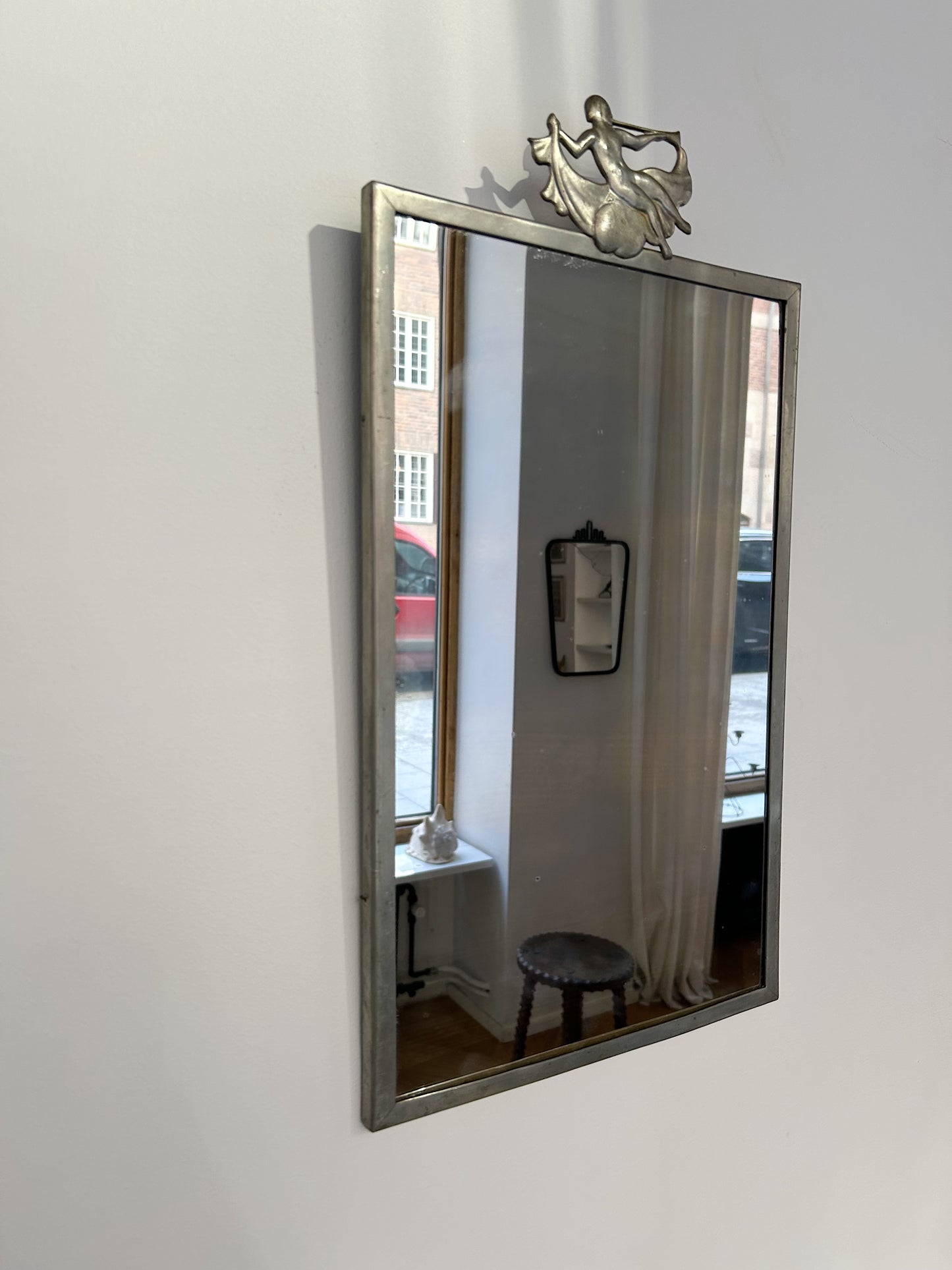Art Deco Pewter Mirror with Fluted Muse, 20s/30s