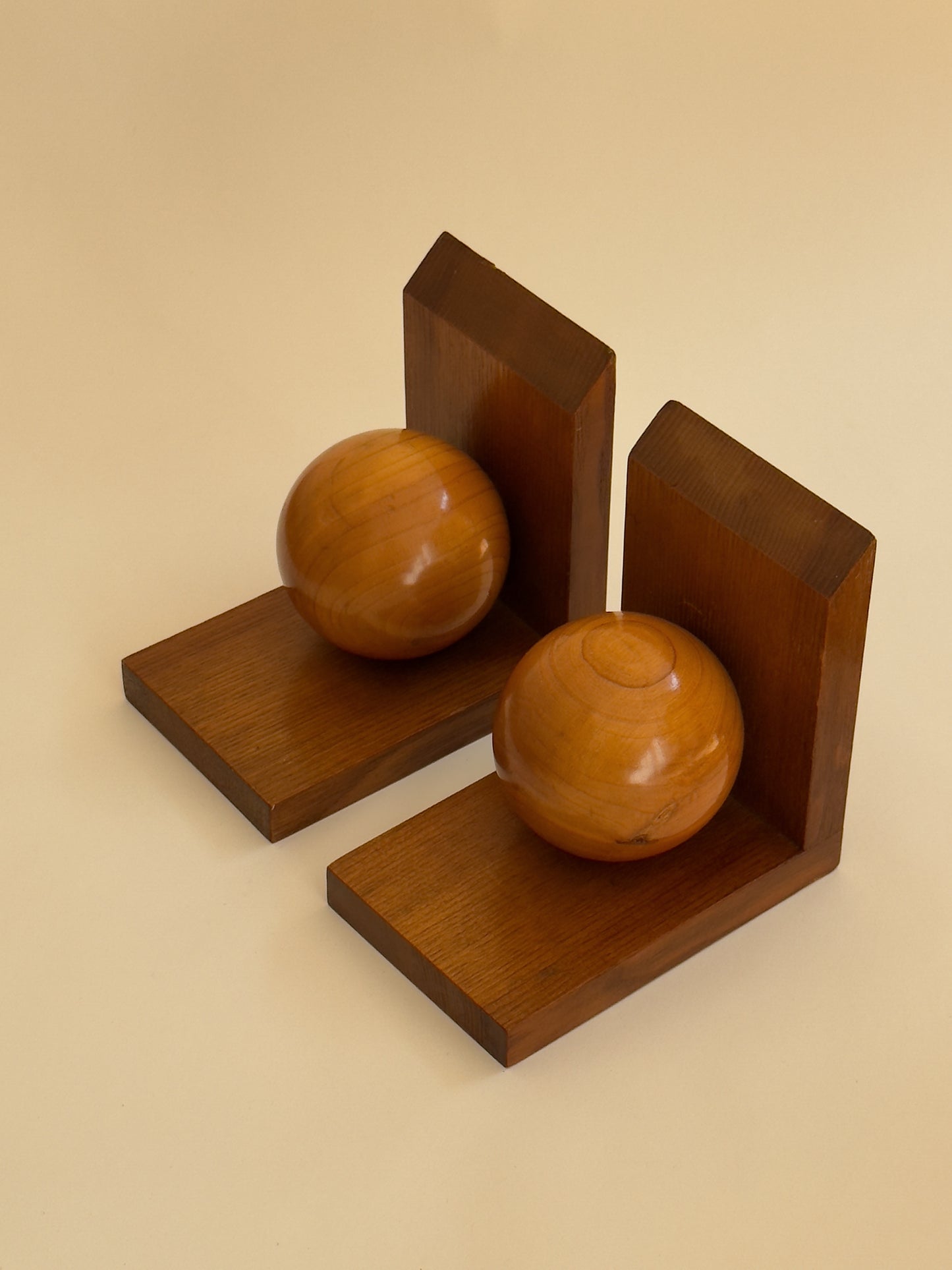 Pair of Mid-Century Wooden Bookends with Sculptural Spheres