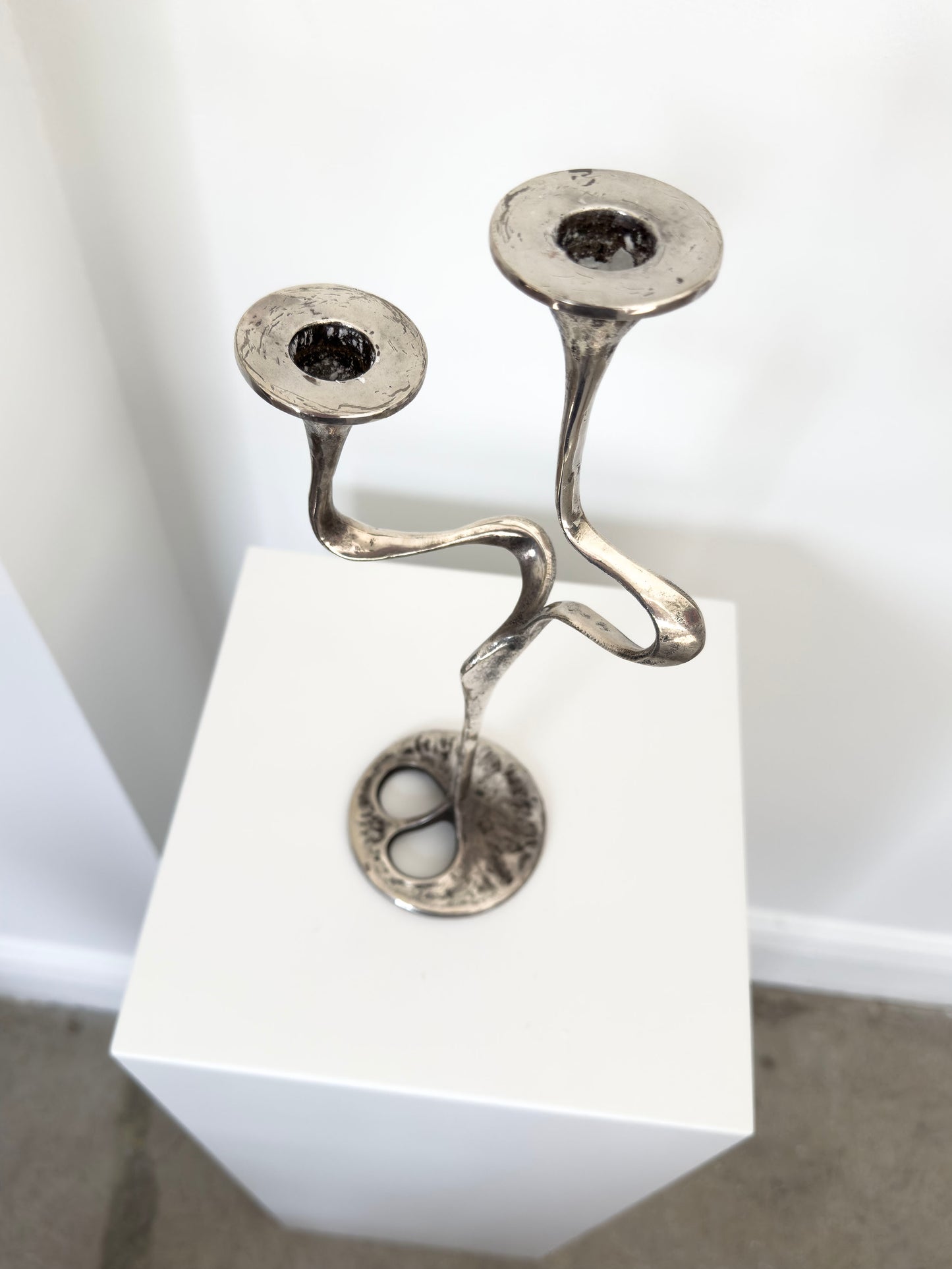 Brutalist Silver Plated Bronze Candelabra