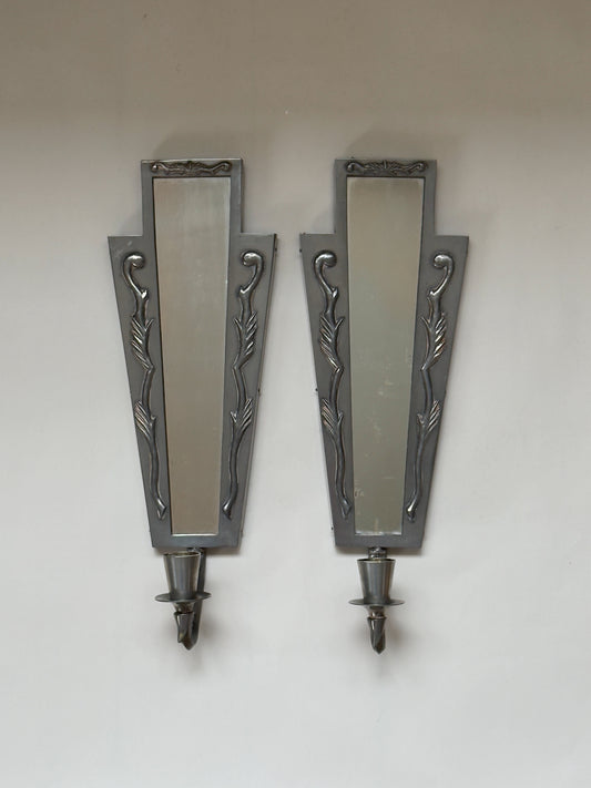 Pair of Swedish Grace Pewter Candle Sconces with Mirrors