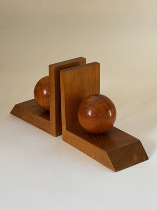 Pair of Oak Bookends with Sphere Motif, Mid-Century