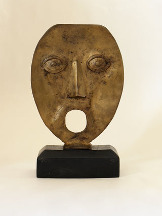 Brutalist Bronze Face on Wooden Base
