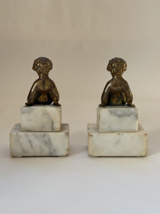 Pair of Bronze Putti Bookends on Stone Plinths, 19th Century