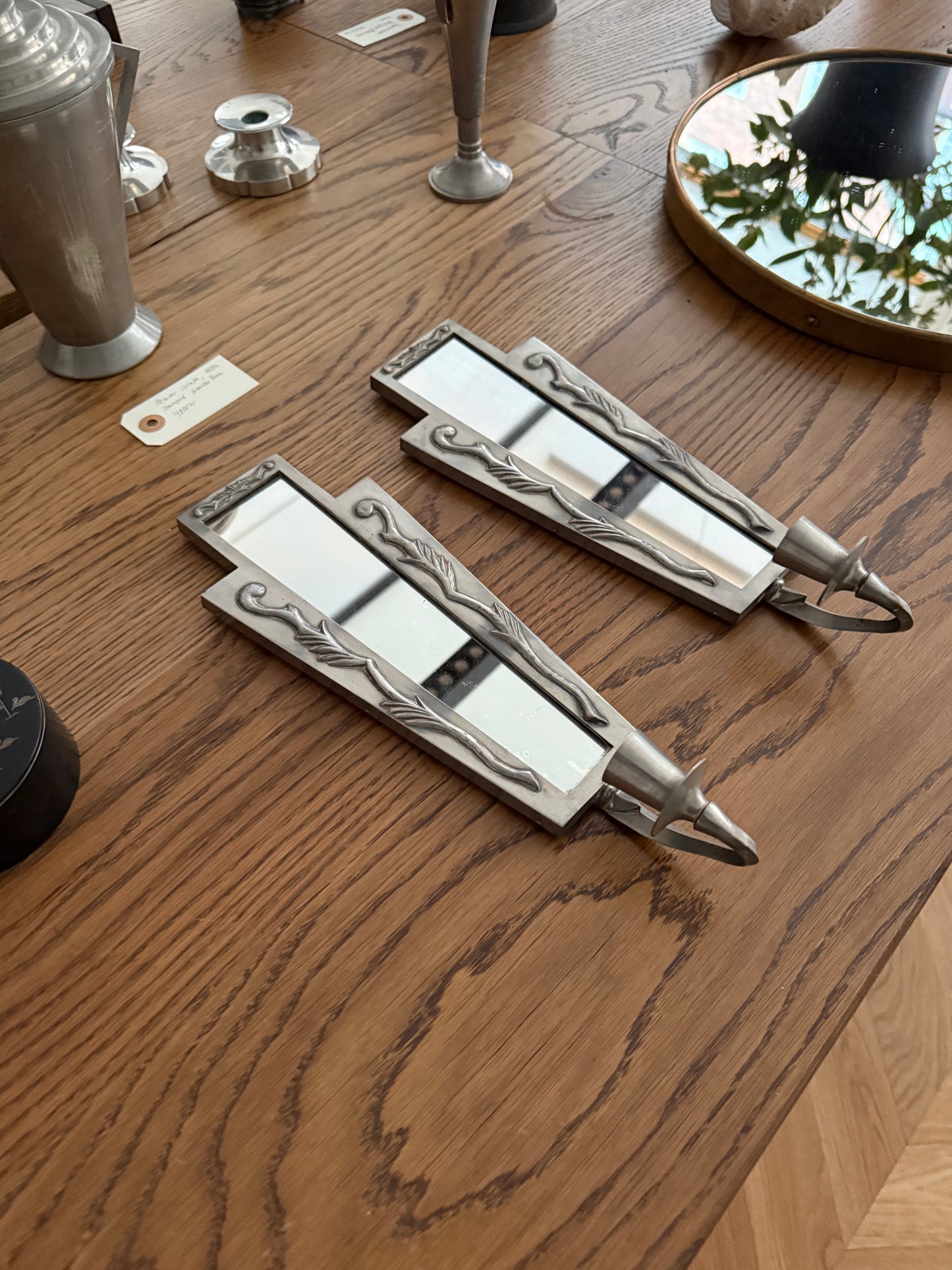 Pair of Swedish Grace Pewter Candle Sconces with Mirrors