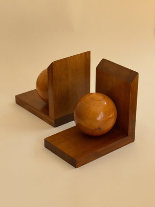 Pair of Mid-Century Wooden Bookends with Sculptural Spheres