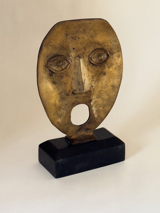 Brutalist Bronze Face on Wooden Base