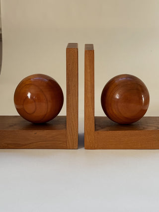 Pair of Oak Bookends with Sphere Motif, Mid-Century