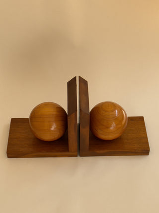 Pair of Mid-Century Wooden Bookends with Sculptural Spheres