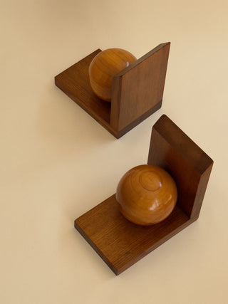 Pair of Mid-Century Wooden Bookends with Sculptural Spheres