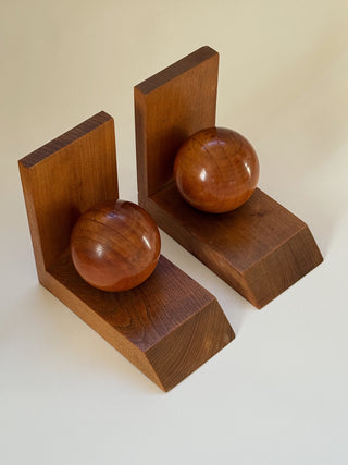 Pair of Oak Bookends with Sphere Motif, Mid-Century