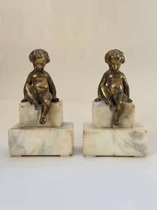 Pair of Bronze Putti Bookends on Stone Plinths, 19th Century