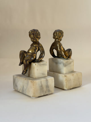 Pair of Bronze Putti Bookends on Stone Plinths, 19th Century