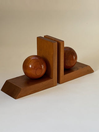 Pair of Oak Bookends with Sphere Motif, Mid-Century