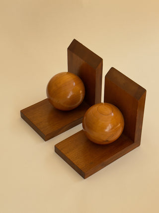 Pair of Mid-Century Wooden Bookends with Sculptural Spheres