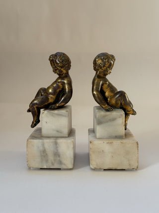 Pair of Bronze Putti Bookends on Stone Plinths, 19th Century