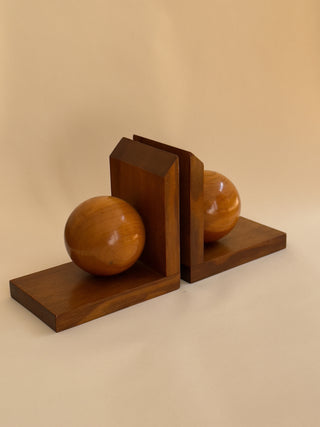 Pair of Mid-Century Wooden Bookends with Sculptural Spheres