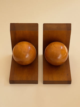 Pair of Mid-Century Wooden Bookends with Sculptural Spheres