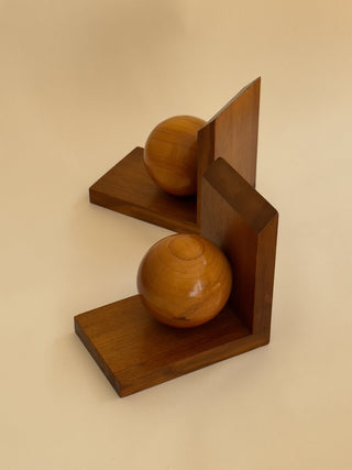 Pair of Mid-Century Wooden Bookends with Sculptural Spheres