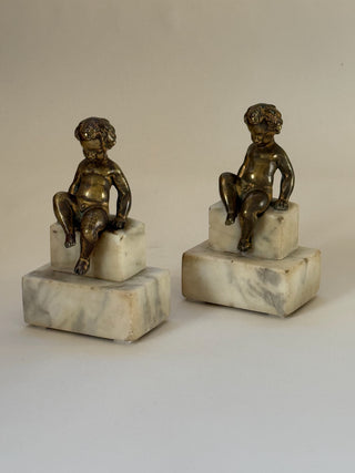 Pair of Bronze Putti Bookends on Stone Plinths, 19th Century