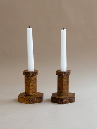 1930s Hexagonal Candlesticks in Elm Burl